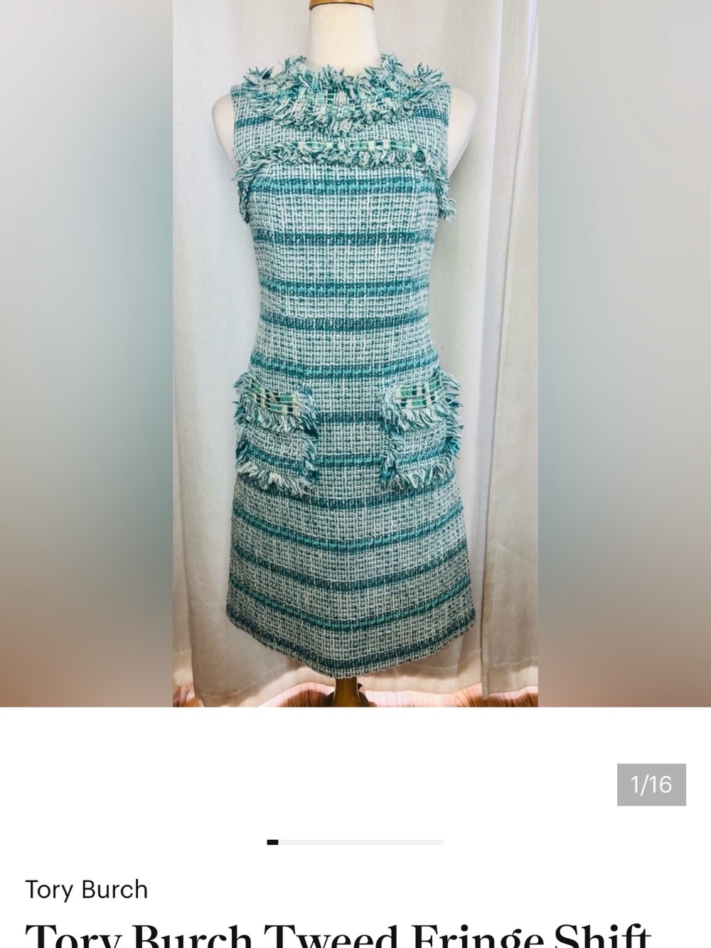 Tory Burch Tweed Fringe Shift Dress Turquoise White Size 0 sleeveless - Picture 5 of 5